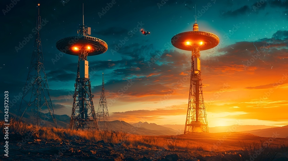 Poster Dramatic scene of military radar system detecting a fast moving unidentified flying object in restricted airspace against a stunning atmospheric backdrop of mountains clouds and a vibrant sunset sky