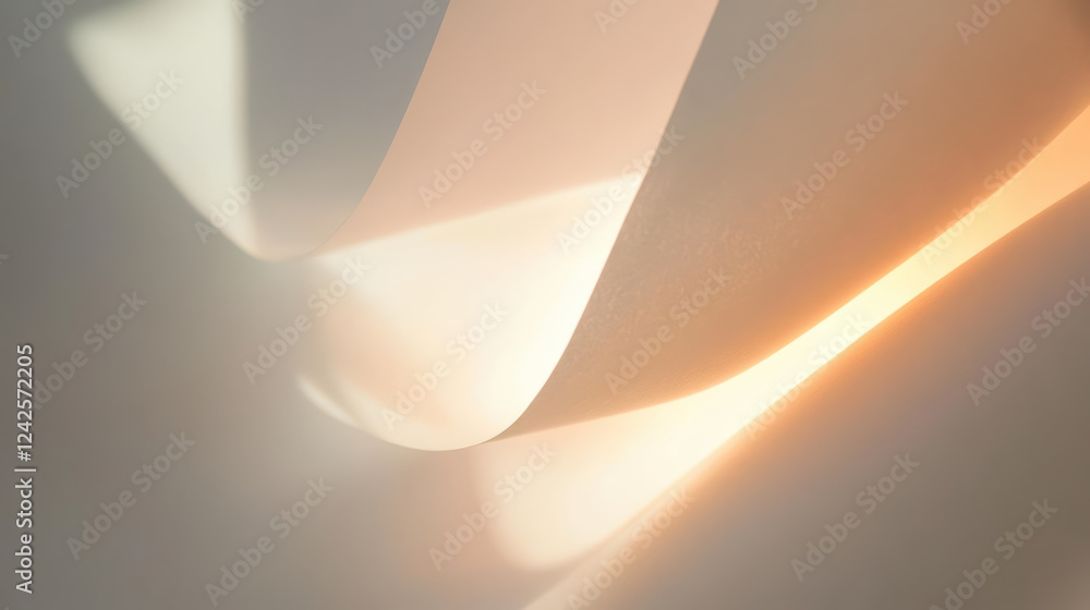 Poster close up of soft, illuminated paper curves creating gentle shadows and highlights, evoking sense of 