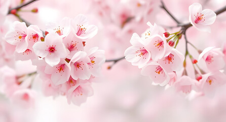 Japanese cherry blossom background. Soft pink and white petals floating. Light pastel watercolor brush strokes