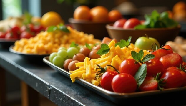 Mesa de buffet con diferentes tipos de comida, comida, frutas, alimentos