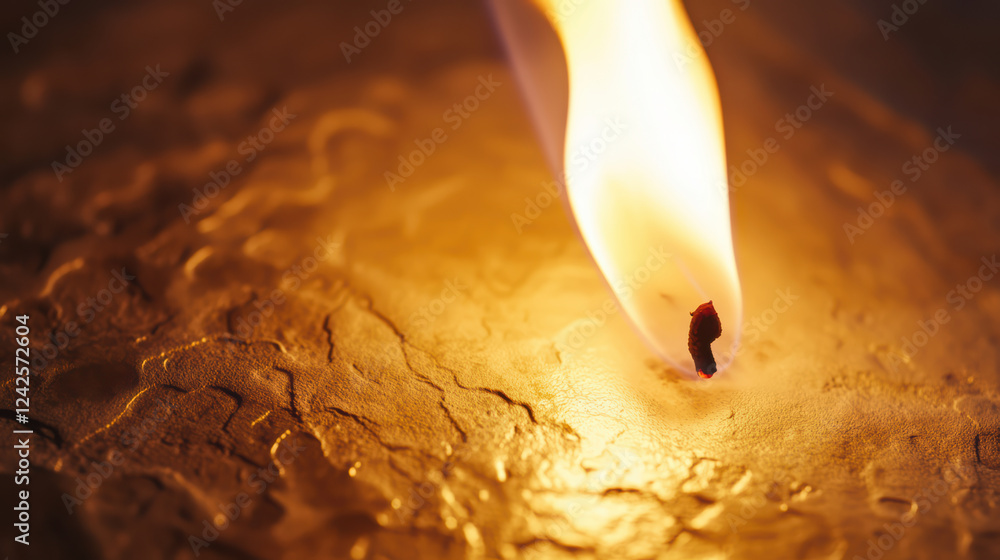 Poster close up of flame illuminating textured paper surface, creating warm glow and intricate shadows. fli
