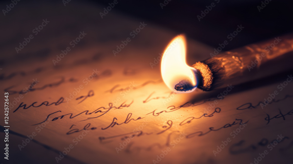 Poster close up of flame illuminating handwritten notes on paper, creating warm and nostalgic atmosphere. f
