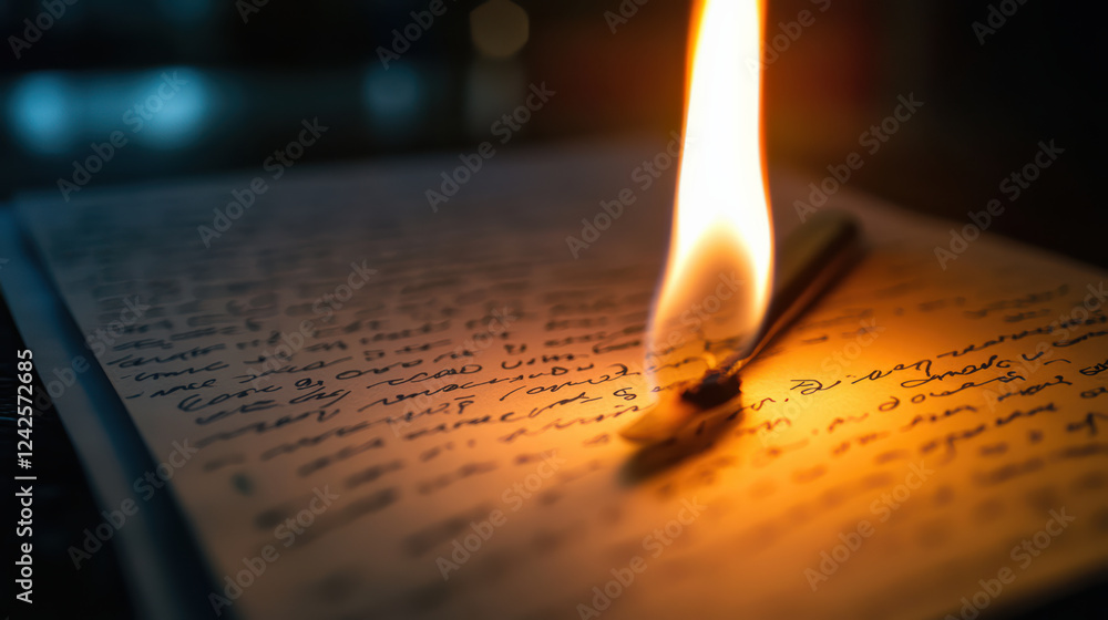 Poster close up of flame illuminating handwritten notes on paper, creating dramatic and intense atmosphere.