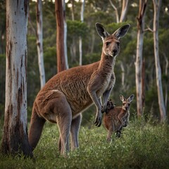Fototapeta premium Mother Kangaroo with Joey in Pouch. kangaroo with baby. 