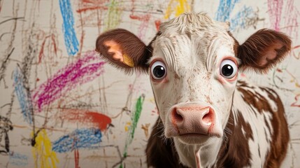 Collage image of funny domestic animal cow with big eyes isolated on creative background