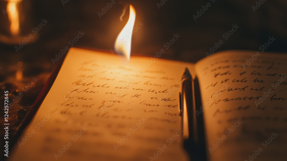 Poster close up of flame illuminating handwritten notes, creating warm atmosphere. flickering light enhance