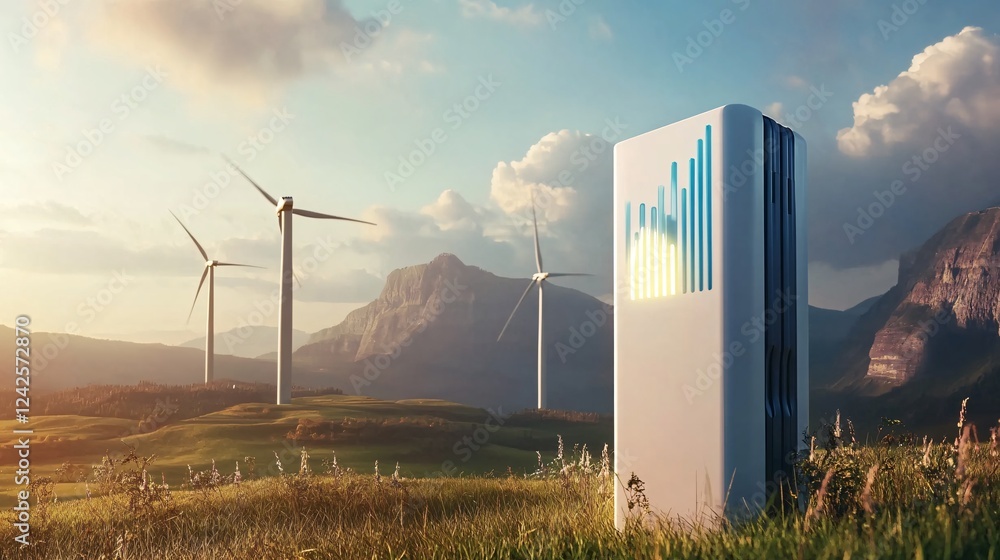 Poster clean energy generation: wind turbines and energy storage unit in a field
