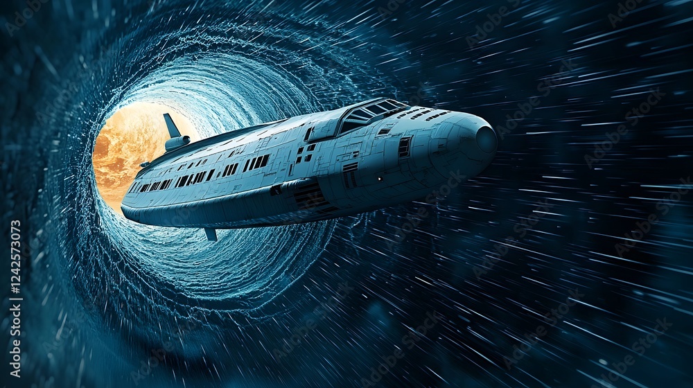 Poster Futuristic Spaceship Disappearing into a Mysterious Interdimensional Portal in the Dramatic Night Sky Exploring the Boundaries of the Cosmos and Beyond