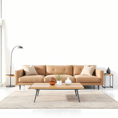 Modern beige sectional sofa in minimalist living room interior design rug on transparent background