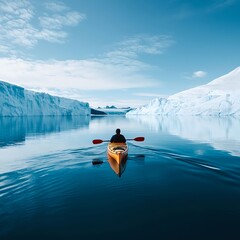 Kayaker Paddling Through Glacial Fjord