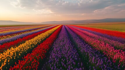 Fototapeta premium Vibrant flower fields at sunset, colorful rows of blooming flowers in various hues under a soft sky, perfect for nature themes.
