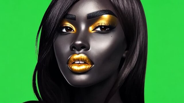 Golden Goddess: Close-up portrait of a stunning Black woman with dramatic gold makeup, set against a vibrant green backdrop.  Her captivating gaze and rich features command attention. 