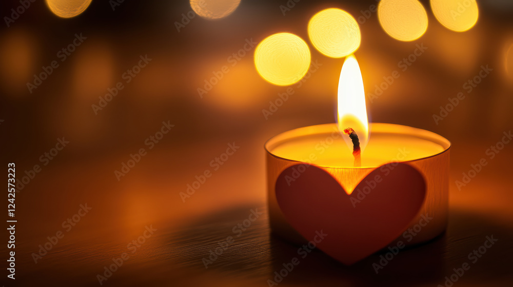 Aufkleber close up of candle with heart shaped holder, glowing warmly in cozy setting, creating romantic atmos