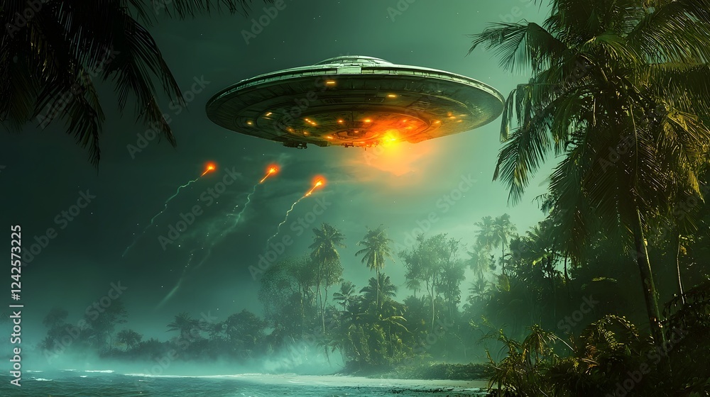 Aufkleber glowing ufo releasing tiny glowing probes over an isolated tropical island in the middle of the ocea