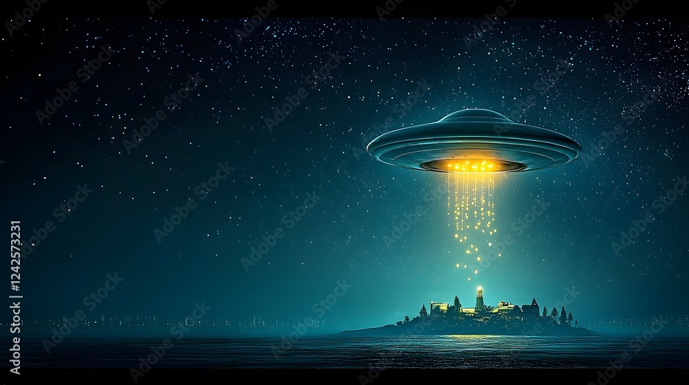 Poster Glowing UFO Spacecraft Releasing Tiny Luminous Probes Over an Isolated Island in the Middle of a Vast Starry Night Ocean
