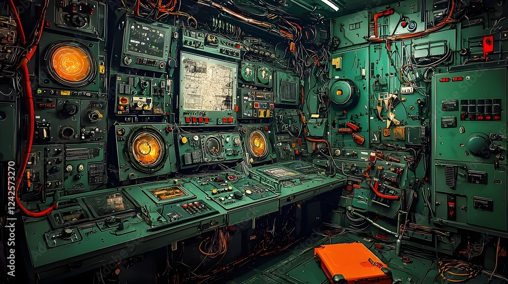 Poster high tech military command and control bunker with strategists planning an anti alien assault filled
