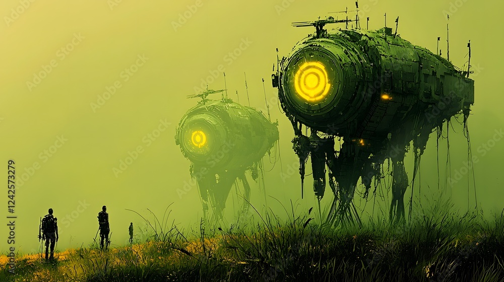 Poster Group of curious explorers discovering ancient alien ruins with glowing mysterious symbols in an otherworldly futuristic landscape  The scene evokes a sense of wonder adventure and into the unknown
