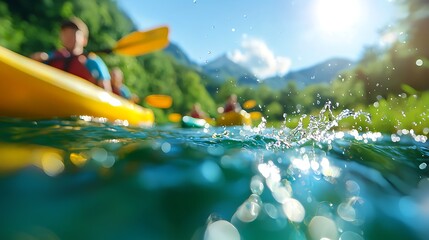 Kayakers Paddle Down a Mountain River