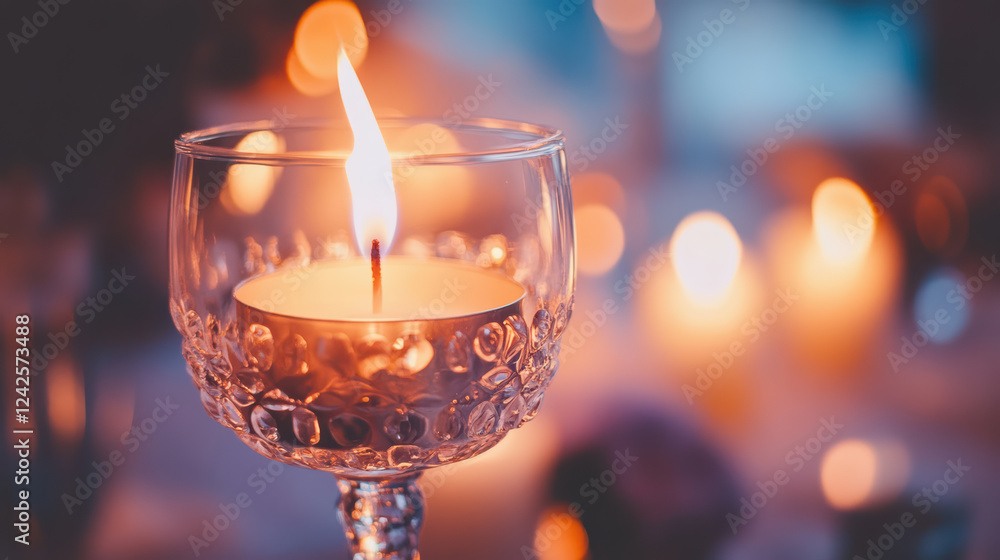 Aufkleber close up of flame in decorative glass candle holder, creating warm and inviting atmosphere with soft