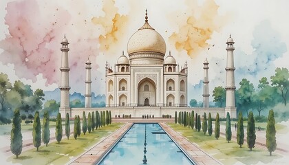 A breathtaking watercolor painting of the Taj Mahal in India, showcasing its intricate details and serene reflection pool, surrounded by lush greenery and tall minarets under a vibrant sky.