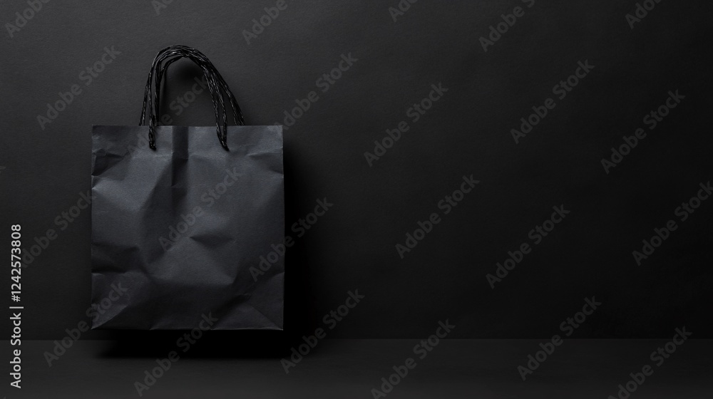 Poster crumpled black paper shopping bag with handles on black background with copy space