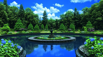 Fototapeta premium Serene Garden Fountain with Lush Greenery and Blooming Hydrangeas