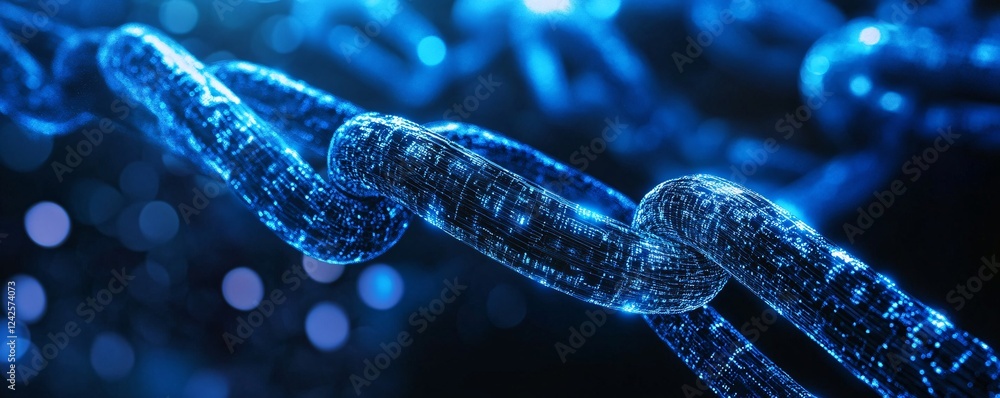 Poster Digital transactions secured by blockchain technology represented by a chain of binary code