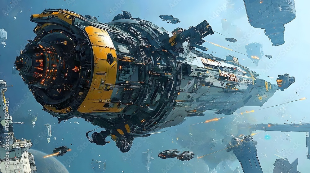 Aufkleber Massive futuristic alien mothership hovering above the Earth sending coded light signals and energy beams down from its intricate technological structure