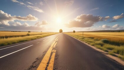 Naklejka premium The asphalt road shines brightly under the intense sunlight of a summer day in a vast open field , agriculture, sunshining