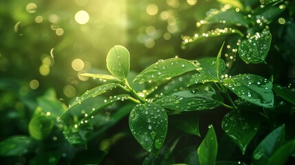 A close-up of dew-covered leaves in a dense jungle, with sunlight creating soft reflections on the water droplets, showcasing the vibrant greens of the foliage.