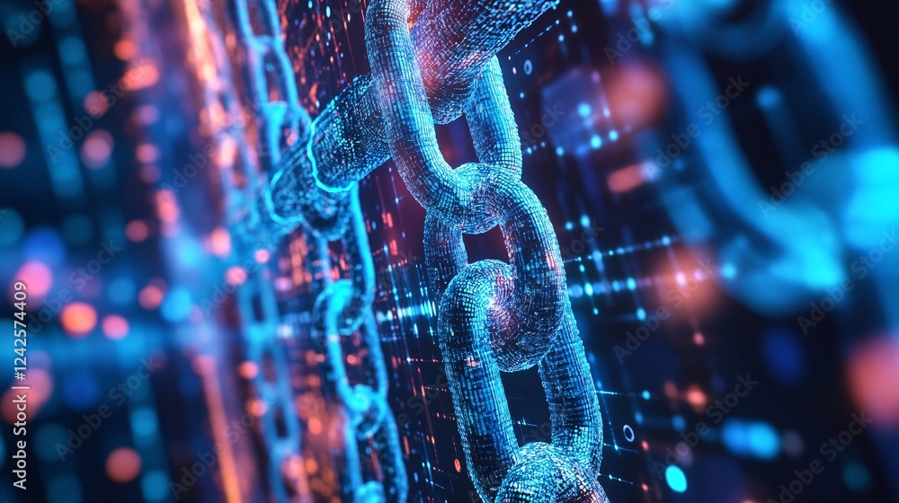 Fototapete Glowing digital chain representing blockchain technology and distributed ledger concept
