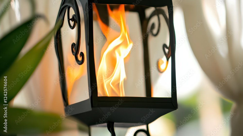 Poster close up of flame in lantern, casting soft shadows and creating warm ambiance. intricate design of l