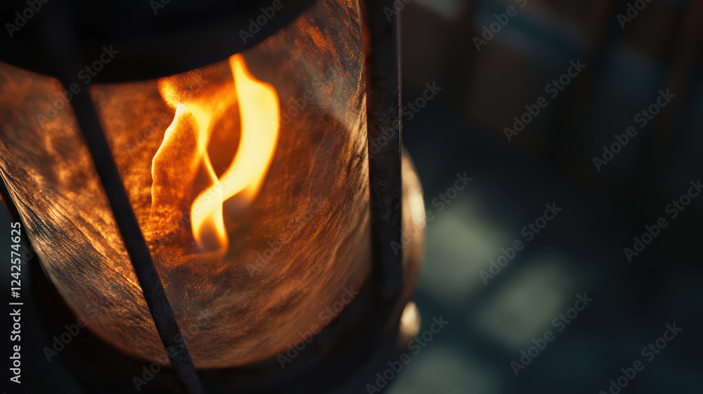 Aufkleber close up of flame in lantern, casting soft shadows and creating warm atmosphere. flickering light ad