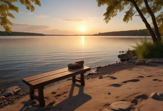 The only sound is the gentle lapping of waves against the shore as a solitary wooden bench sits atop the shoreline overlooking Pewaukee Lake, tranquility, gray, shoreline