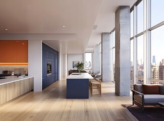 Modern City View Apartment Kitchen and Living Space