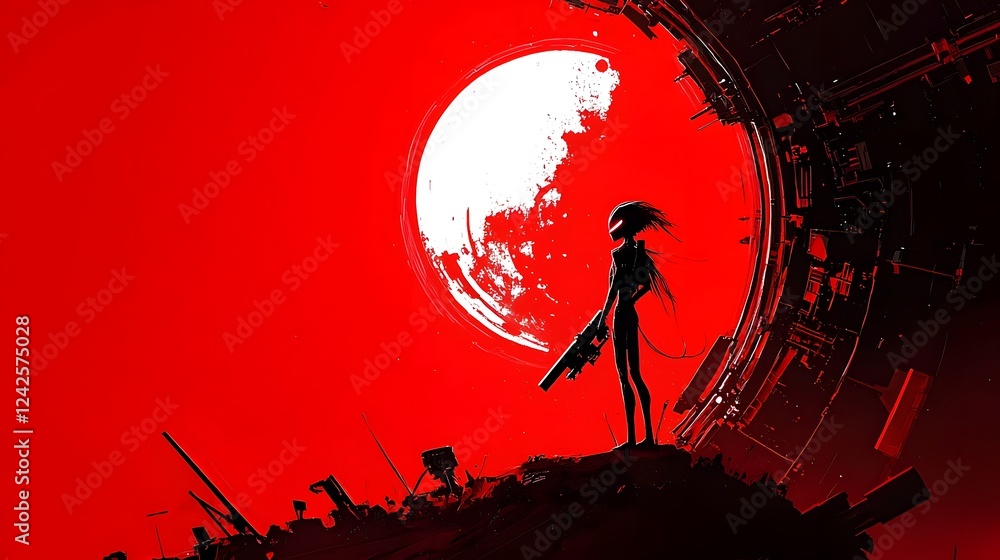 Aufkleber silhouetted humanoid alien figure standing in front of a bright glowing doorway or portal of a futur