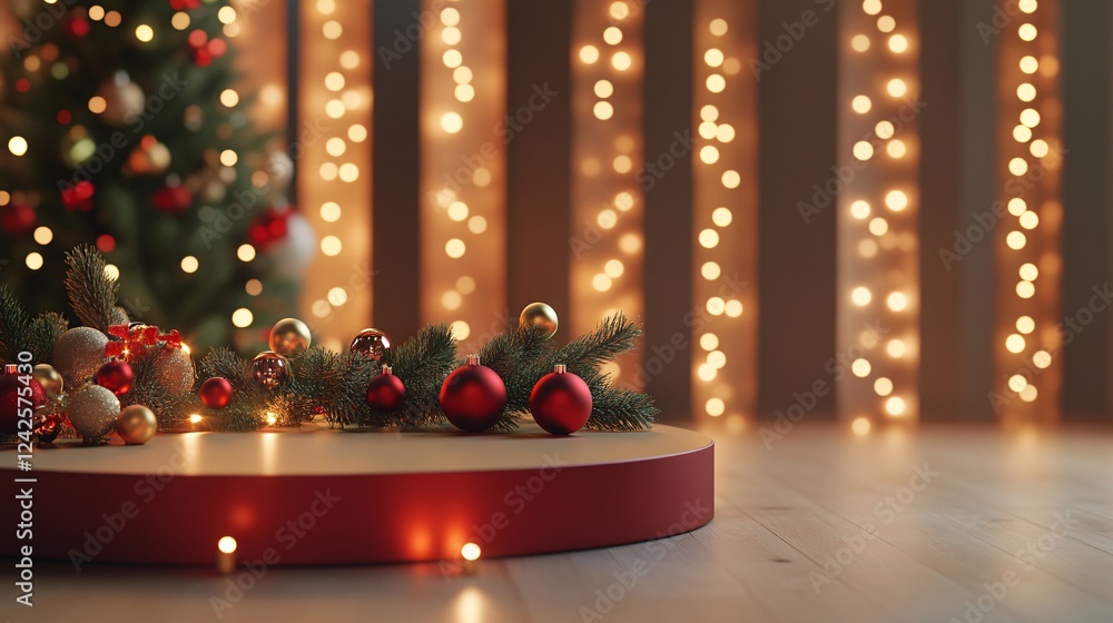 Aufkleber red podium showcasing christmas ornaments with a festive tree and twinkling lights in the backdrop