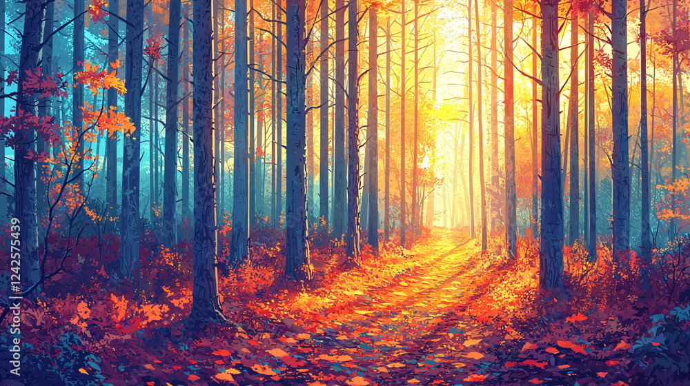 Poster golden sunlight filtering through tall trees in a vibrant autumn forest with colorful leaves scatter