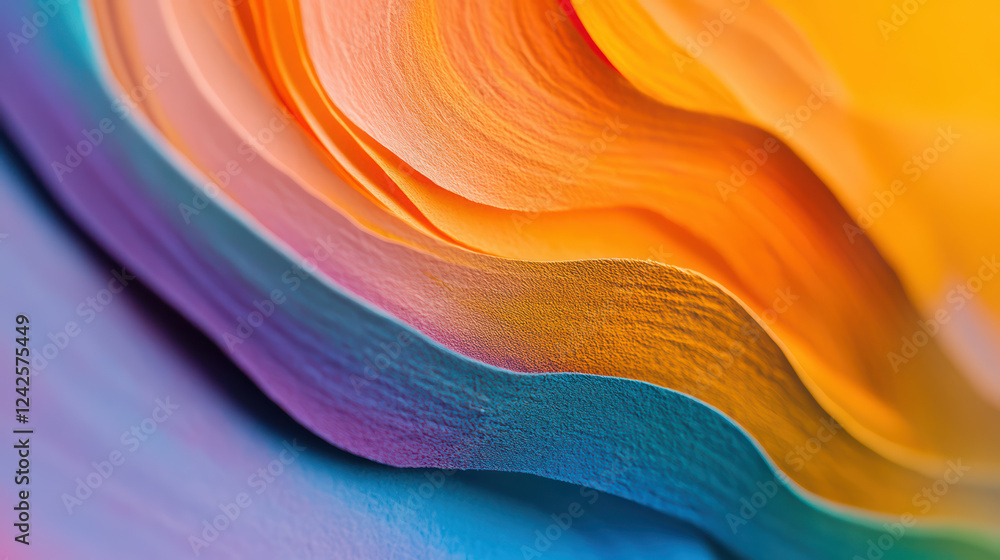 Poster vibrant layers of colorful paper textures create mesmerizing visual effect, showcasing blend of oran