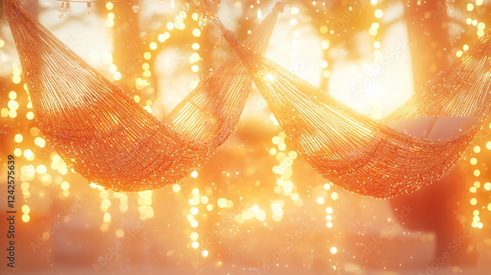Poster hammocks gently swaying in a sunlit garden surrounded by shimmering bokeh lights creating a warm, in
