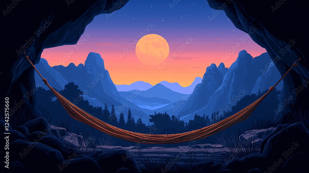 Poster hammock hanging between rocks at sunset with mountains in the background and a large full moon illum