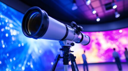 Telescope in a modern observatory showcasing colorful cosmic visuals with visitors in the background
