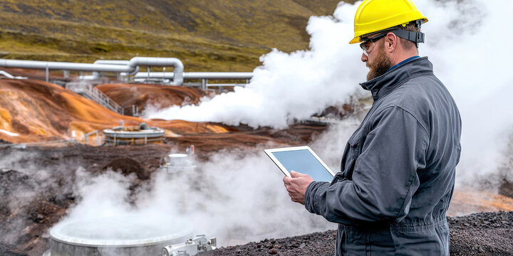 Geothermal Energy Concept. A worker in a yellow hard hat examines a tablet in a geothermal power plant, surrounded by steam and industrial equipment.
