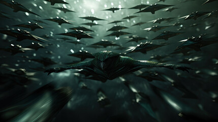 Dark Alien Fleet Surrounding a Mysterious Creature in Flight