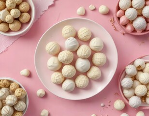 Top view of exquisite white chocolate truffles on girly pink table, handmade, feminine, sophisticated, craft, stylish