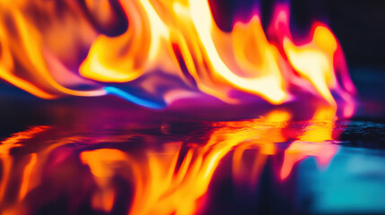 close up of vibrant flames reflecting off glossy surface, showcasing mesmerizing blend of colors. interplay of light and shadow creates captivating visual experience