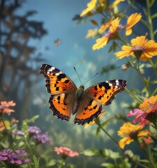 Obraz premium Tortoiseshell butterfly flying slowly in the air , insect life, garden insects, butterfly in flight