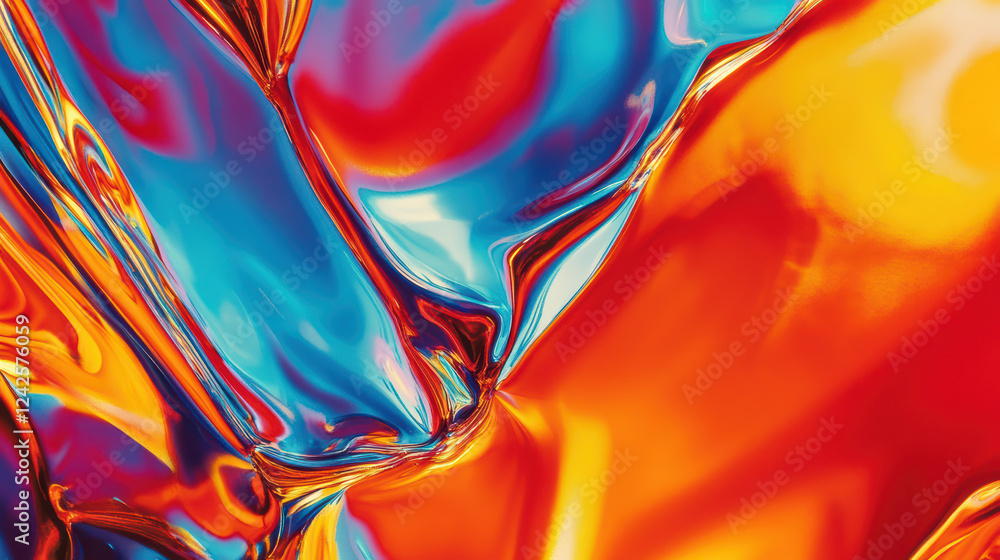 Poster vivid close up of colorful glossy fabric with flowing textures, showcasing vibrant blue and orange h
