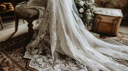 A close-up of intricate lace details on a white wedding dress draped over a chair. --ar 169 --v 6.0 - Upscaled (Subtle) by @feroz (relaxed)