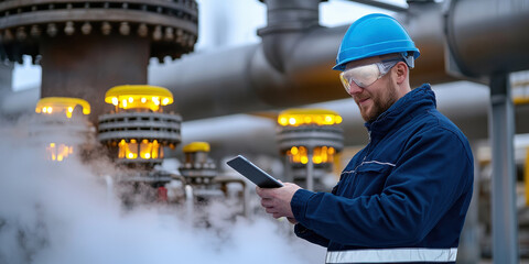 Geothermal Energy Concept. A worker in safety gear monitors data on a tablet in an industrial setting filled with steam and machinery.